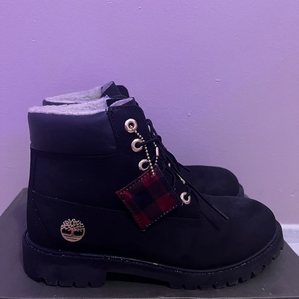Timberland Black Boots with Red Checkered Detail